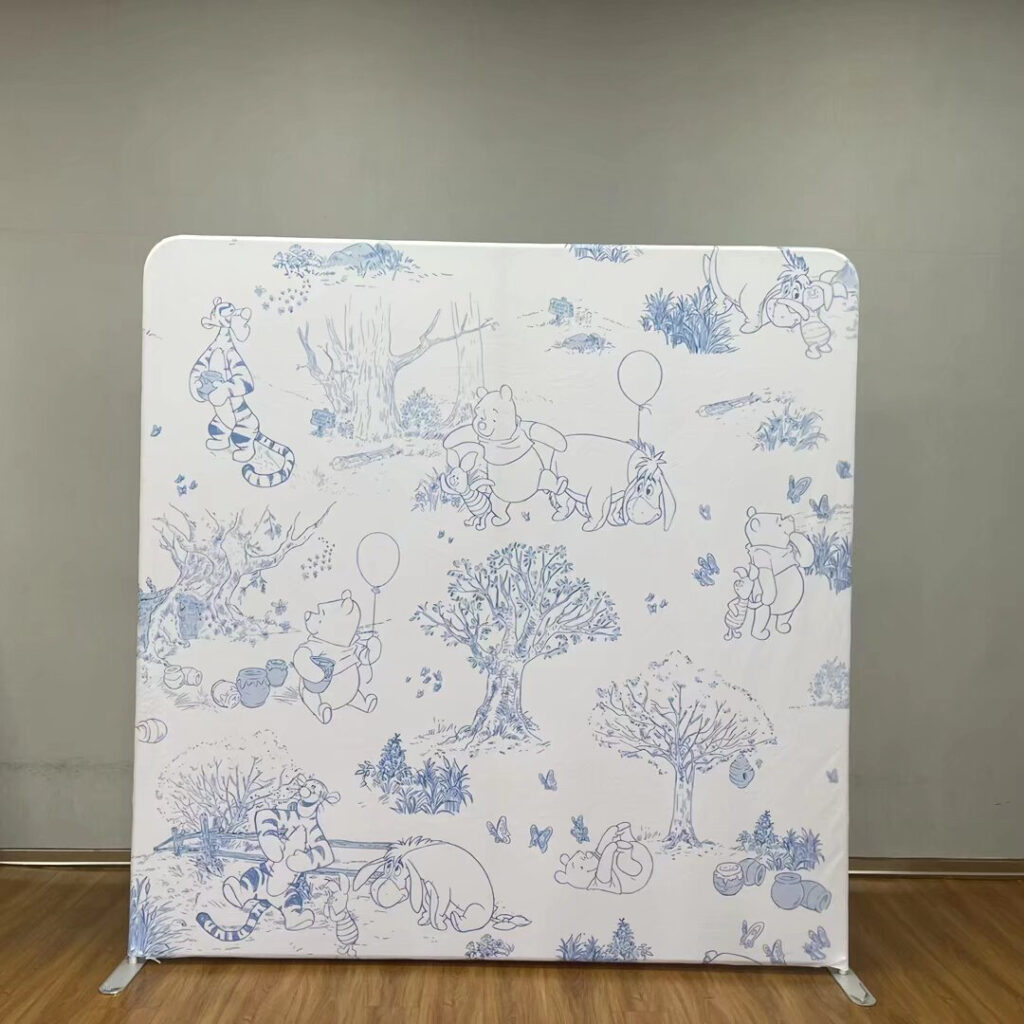A white event backdrop featuring a purple line-art pattern of Winnie the Pooh characters, including Pooh, Piglet, Tigger, and Eeyore, in various whimsical forest scenes; contact us to book this charming nursery-themed background for your next party.